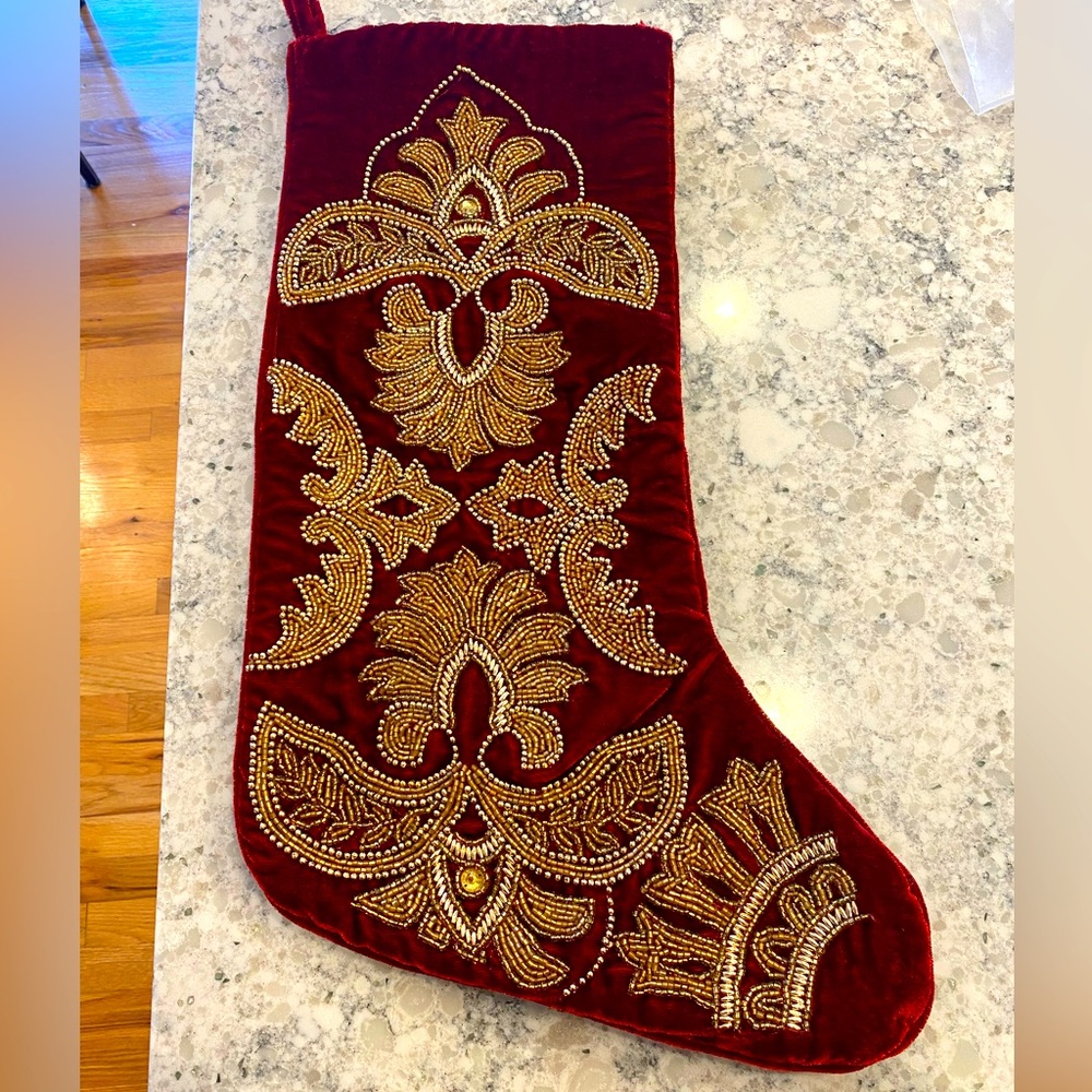 Beautiful Velvet Beaded Red and Gold Christmas Stocking